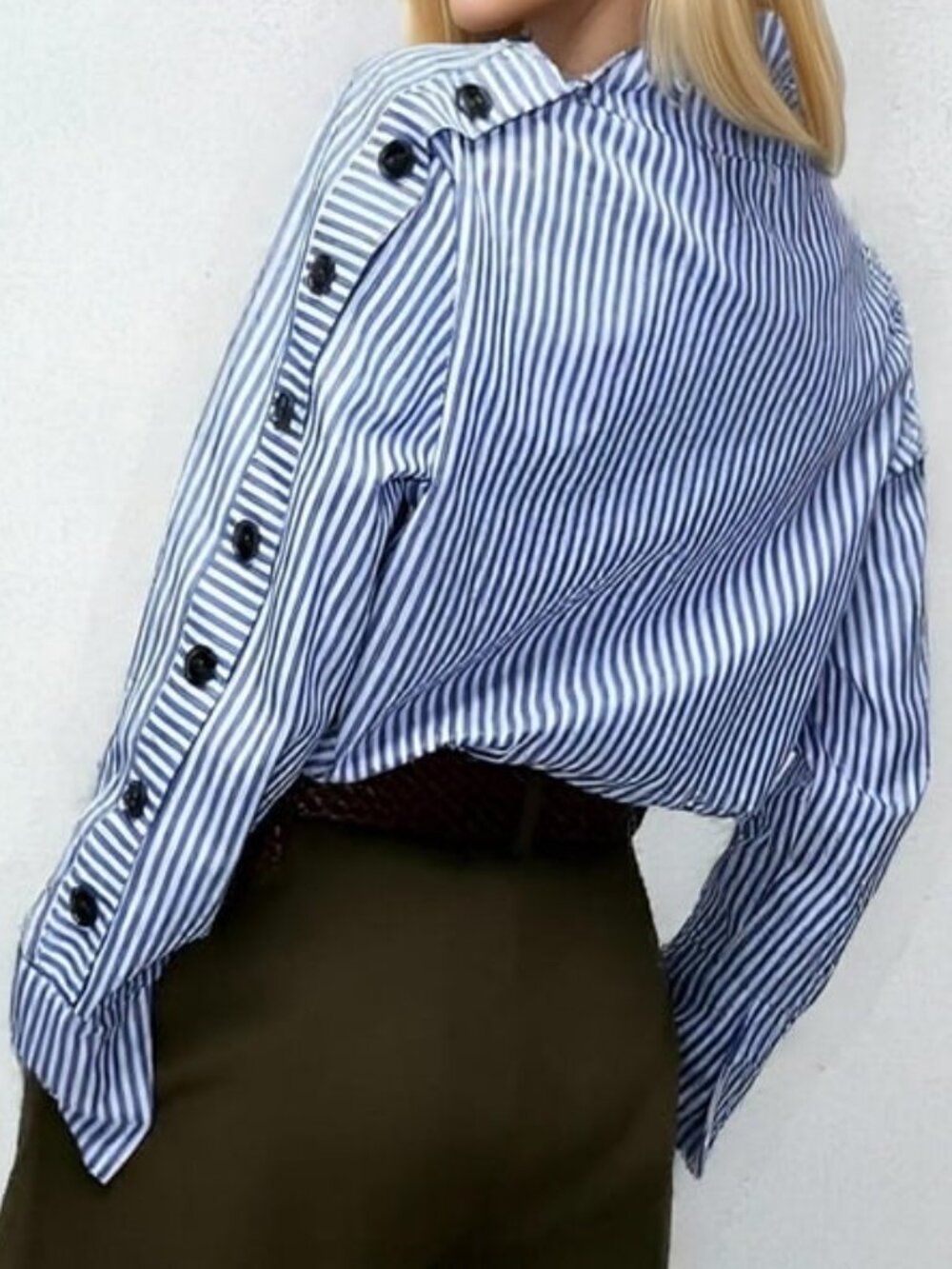 Striped Button Detail Sleeve Mock Neck Blouse - Picture 3 of 4